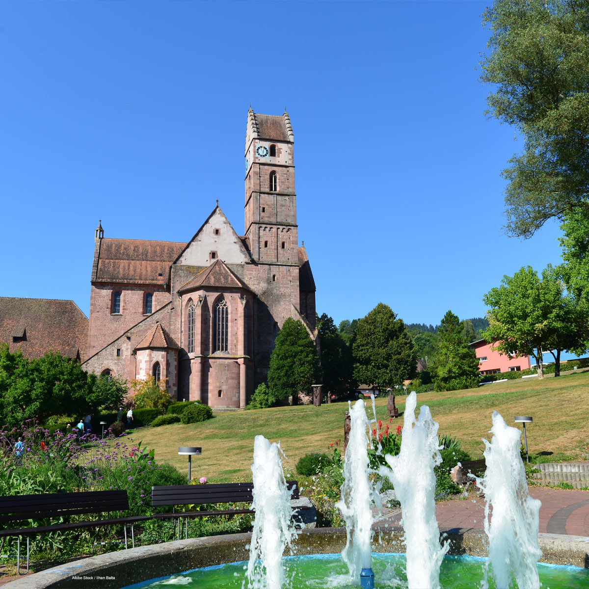 Historische Kirche Kloster Reichenbach mit Türmen und Wasserspielen im gepflegten Park.