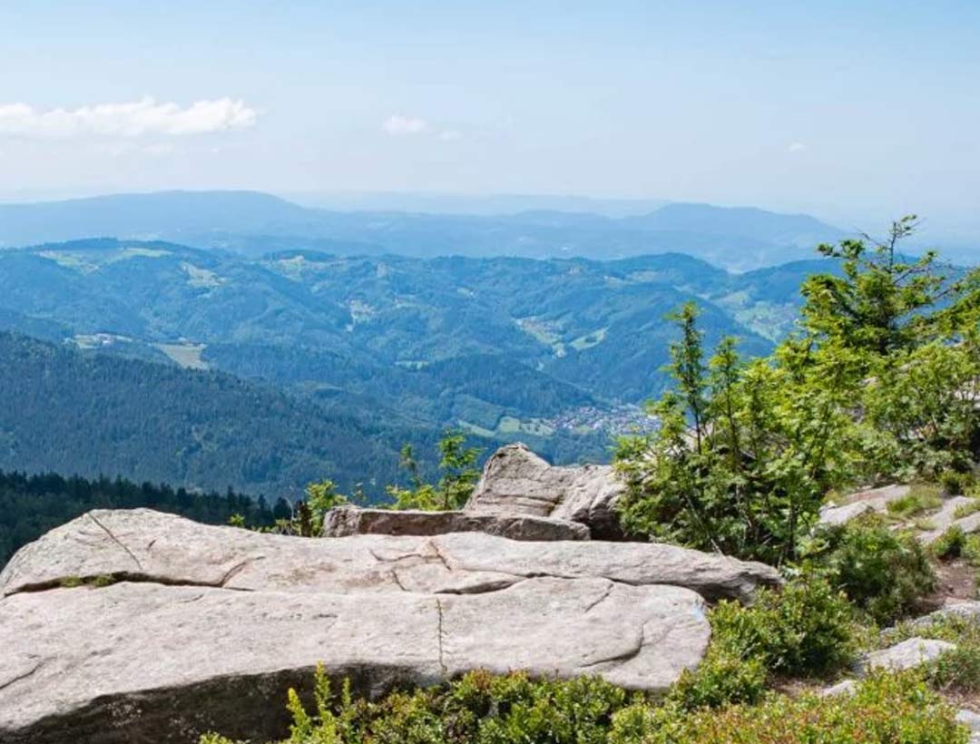 Panorama über bewaldete Hügel des Schwarzwalds unter leicht bewölktem Himmel, gut sichtbare Höhenunterschiede.
