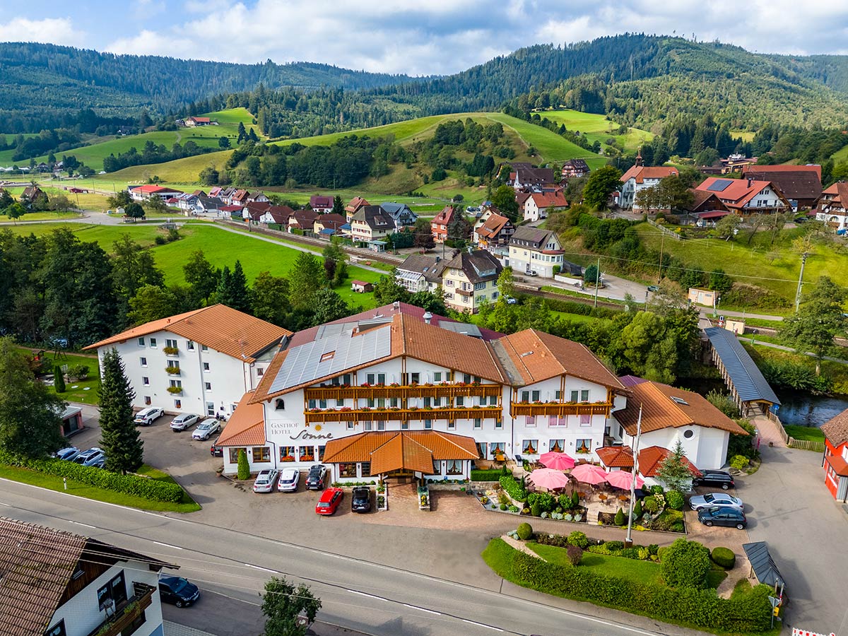 Vogelperspektive auf Hotel mit Zufahrt, mehreren Gebäudeteilen und umgebender Wiesenlandschaft.