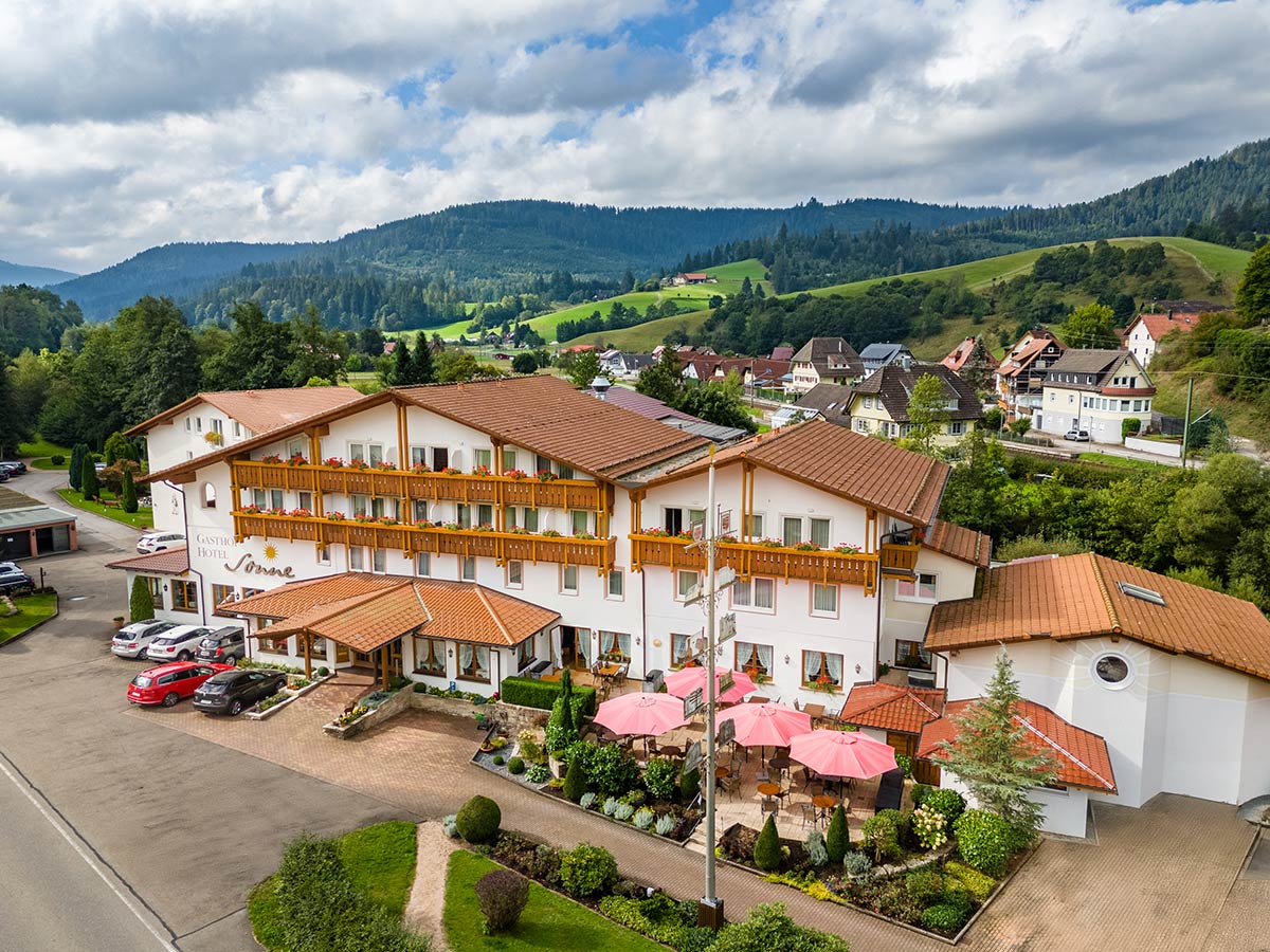 Breite Luftaufnahme des gesamten Hotelgeländes mit mehreren Flügeln, Terrassen und bewaldetem Hintergrund.