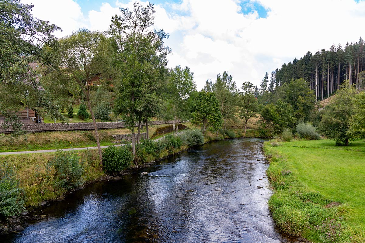 Flusslandschaft an der Murg mit bewaldetem Ufer, Brücke am linken Bildrand und blauem Himmel mit Wolken.