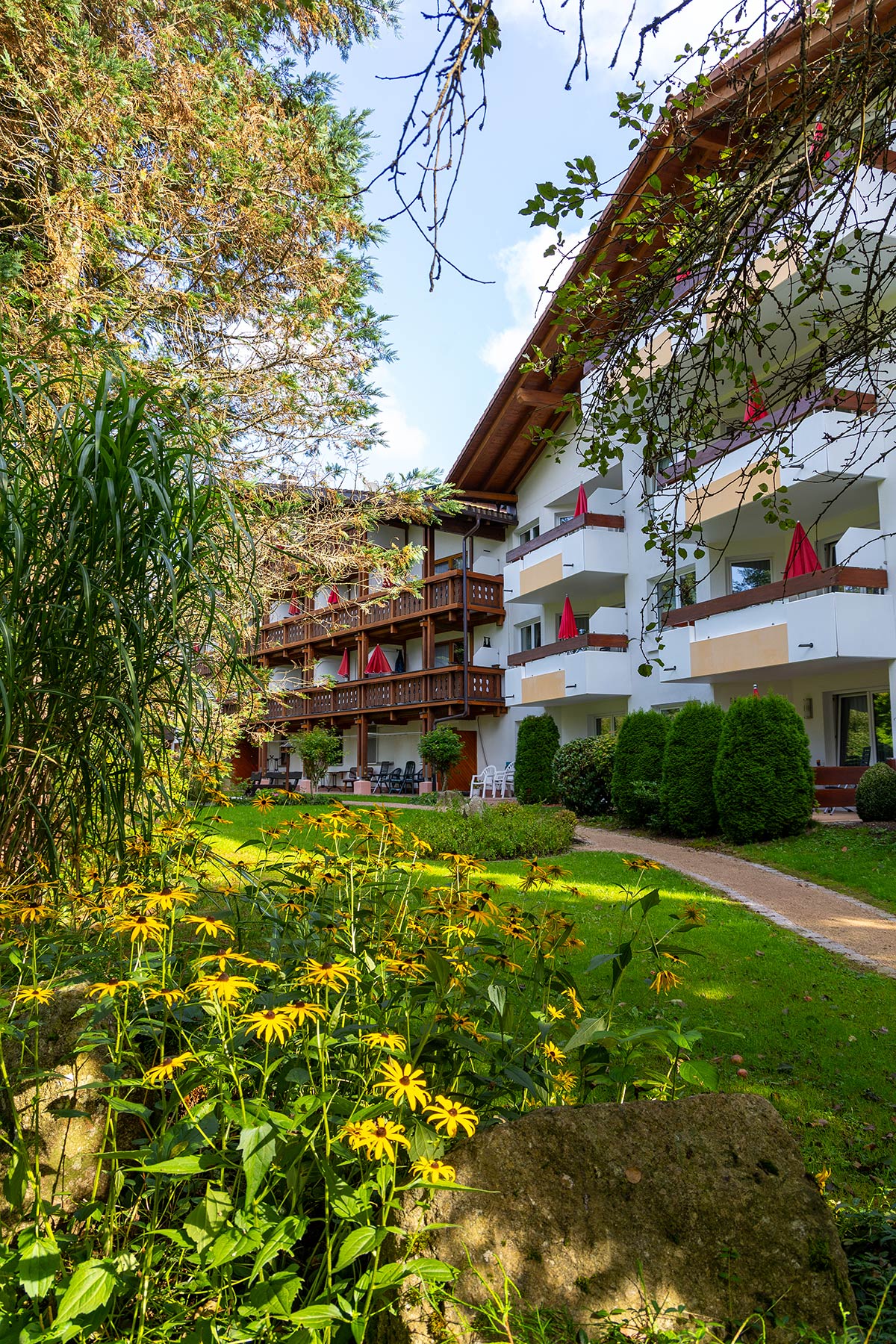 Blumenwiese mit Löwenzahn im Vordergrund, Blick auf mehrstöckiges Hotel mit Holzbalkonen.