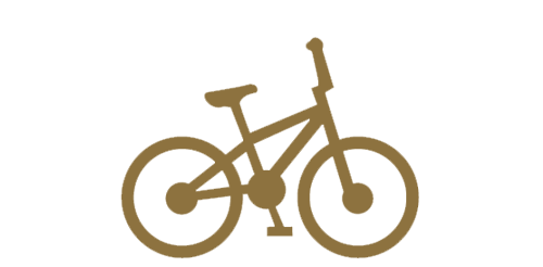 Goldfarbenes Piktogramm eines Fahrrads mit zwei Reifen und Sattel, Darstellung auf weißem Hintergrund.