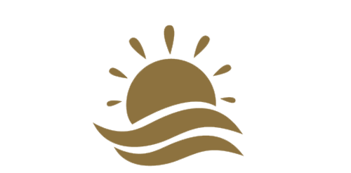 Goldfarbenes Symbol einer untergehenden oder aufgehenden Sonne über Wellen, symbolisiert Naturnähe.
