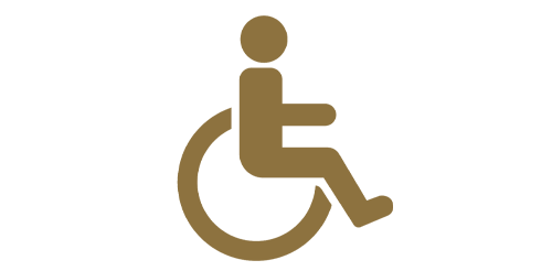 Goldfarbenes Symbol einer Person im Rollstuhl, neutraler weißer Hintergrund, barrierefreiheitsbezogen.