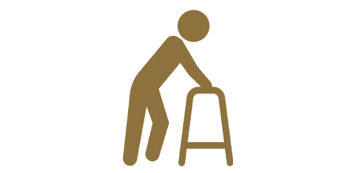Goldfarbenes Symbol einer Person mit Rollator, aufrecht gehend, weißer Hintergrund.