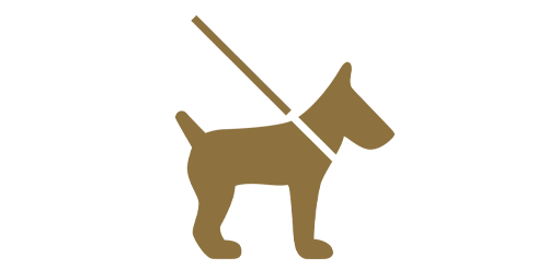 Goldfarbenes Symbol eines Hundes mit Geschirr, Hunde erlaubt.