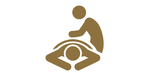 Goldfarbenes Symbol einer Person, die auf einer liegenden Figur eine Massage durchführt, weißer Hintergrund.